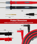 Long Silicone Multimeter Test Leads Kit With 56 Inch Flexible Probes dimensions and interchangeable tips shown.