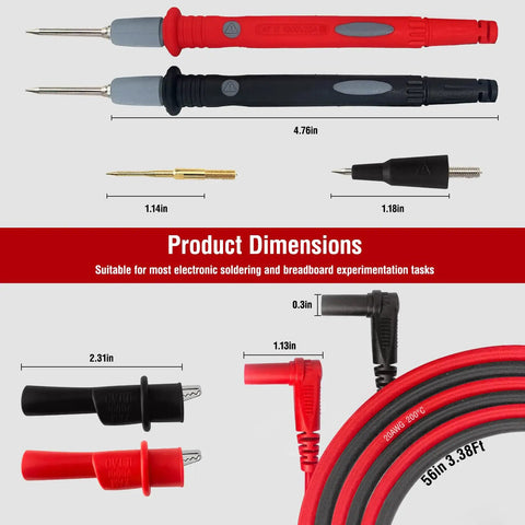 Long Silicone Multimeter Test Leads Kit With 56 Inch Flexible Probes dimensions and interchangeable tips shown.