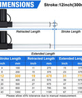 Dimensions for Beefy Heavy Duty 12 Inch Stroke Linear Actuator 8000N 1700lbs, 12V DC, showing retracted and extended length in chart