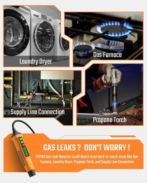 Pen Style Gas Leak Detector With Four Inch Probe For Sniffing Out Natural Gas And Propane Leaks Tracks Percent Lel image showing laundry dryer, gas furnace, supply line, and propane torch.