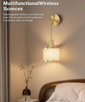 Premium Battery Operated Wall Sconces Set Of Two Wireless Rechargeable Led Lights with golden finish and ribbed glass shade.