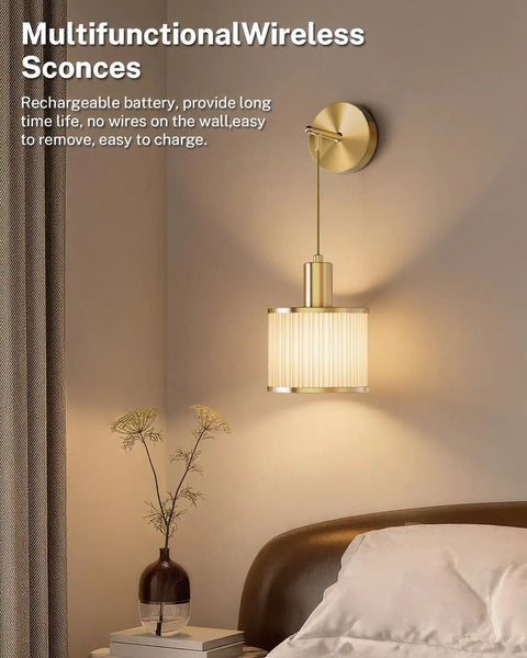 Premium Battery Operated Wall Sconces Set Of Two Wireless Rechargeable Led Lights with golden finish and ribbed glass shade.