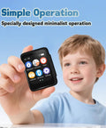 Child holding Totally Kid Friendly Bluetooth MP3 Player For Kids With 32GB Storage, showing app icons on screen.