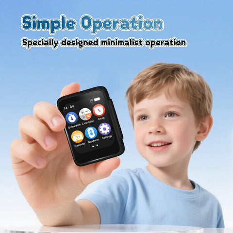 Child holding Totally Kid Friendly Bluetooth MP3 Player For Kids With 32GB Storage, showing app icons on screen.