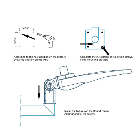 Diagram of 90 Degree Wall Mount L Shape Bracket For Slip Fit LED Lights installation, showing measurements and assembly steps.
