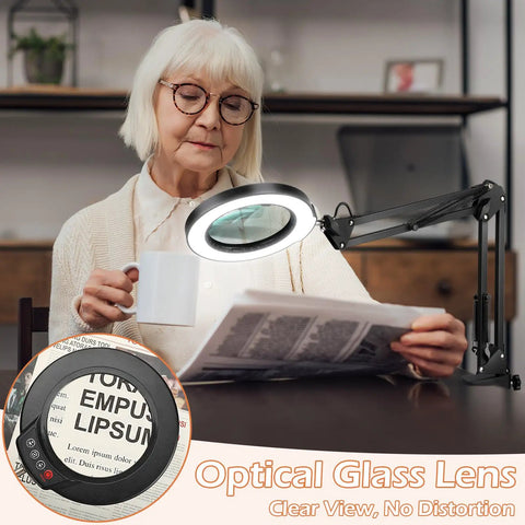 Awesome Real Glass Magnifier Lamp With Light And Stand 8x Magnification LED Five Color Modes Stepless Dimmable Magnifying Floor Lamp 3 In 1 Swing Arm Lighted Magnifier With Clamp For Crafting used by elderly woman reading