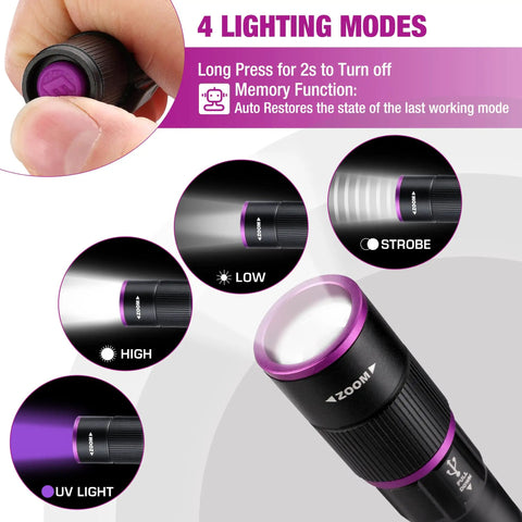 Four mode Rechargeable Pen Flashlight With UV And White Light 395nm Black Light Pen with clip detail and zoomable beam