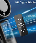Portable Handheld Turbo Fan With 1 To 100 Gear Wind And All Day Battery Power digital display showing wind speed and battery