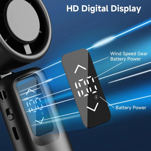 Portable Handheld Turbo Fan With 1 To 100 Gear Wind And All Day Battery Power digital display showing wind speed and battery