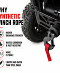 1/4 Inch X 50 Foot Synthetic Winch Rope In Gray With Hook And Stopper, Ultra Strong UHMWPE, Minimal Stretch, UV And Chemical Resistant, Ideal For Off Road Recovery And Tow Duties. on off-road winch with hook