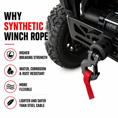 1/4 Inch X 50 Foot Synthetic Winch Rope In Gray With Hook And Stopper, Ultra Strong UHMWPE, Minimal Stretch, UV And Chemical Resistant, Ideal For Off Road Recovery And Tow Duties. on off-road winch with hook