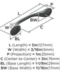 Dimensions diagram of Matte Black Ravino Cabinet Pull 3 Inch Center-To-Center 5 Inch Overall Length Transitional Drawer Handle