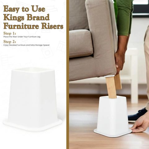 No Sweat Heavy Duty 6 Inch Bed Risers Set Of 4 White Stackable Furniture Boosters lifting a sofa leg for storage.