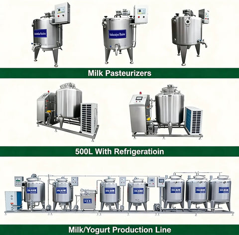 Badass Stainless Steel Milk Pasteurizer 500 Liters Industrial Dairy Processing Tank With Smooth Automated Controls Yogurt Production System, different models and refrigeration unit.