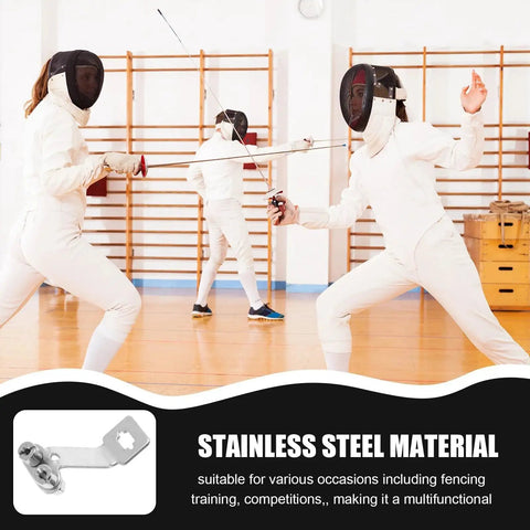Fencers in action with focus on Heavy Duty Foil Fencing Socket Bracket Metal Replacement Part Built Tough For Intensive Training With Nonslip Grooves Durable Construction And Stable Grip Perfect Fencing Training Gear.