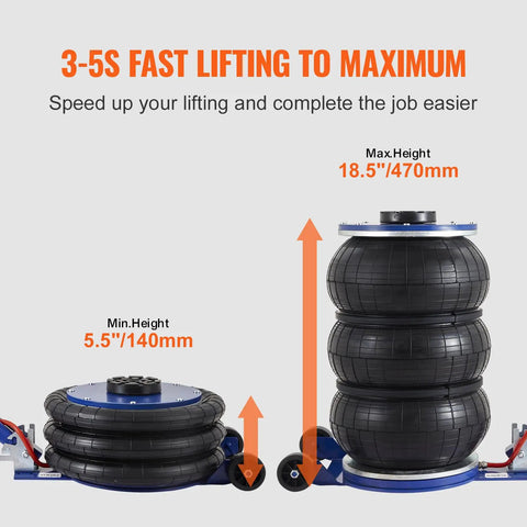 Height adjustment image of Heavy Duty Triple Bag Air Jack 5 Ton 11000 Lb Pneumatic Car Hoist for Trucks And Suv, showing min and max lift.