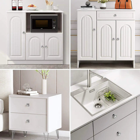 Matte Black Glass Cabinet Knobs Set With Crystal Vintage Drawer Pulls in use on white furniture and kitchen cabinets