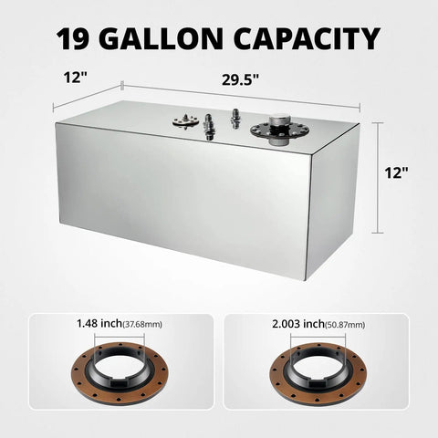 19 Gallon Aluminum Fuel Cell With Level Sender For Street Drift Cars, 8AN Inlet And Outlet, Silver Finish, dimensions shown