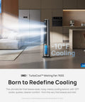 TurboCool Misting Fan 765S Ultrasonic Cooling Tower in a modern living room with misting effect, 10-degree cooling, grey design.