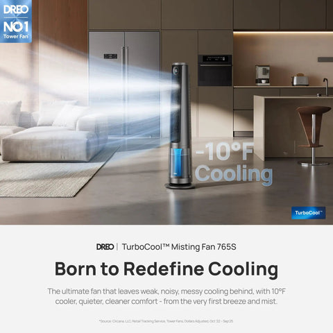 TurboCool Misting Fan 765S Ultrasonic Cooling Tower in a modern living room with misting effect, 10-degree cooling, grey design.