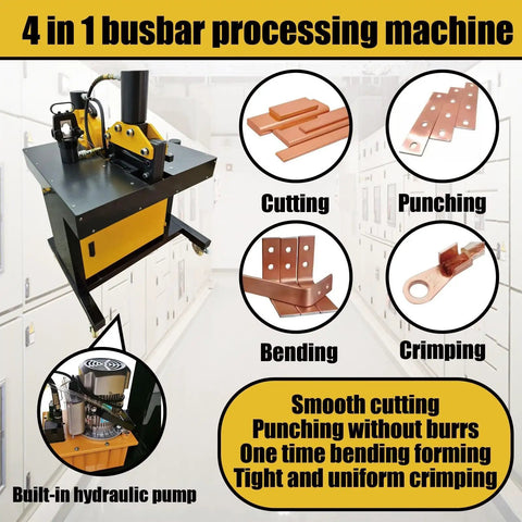 Beilockery Electric Hydraulic Busbar Processor Machine displaying cutting, punching, bending, crimping functions with hydraulic pump.