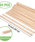 Hassle Free 25 Pack Wood Dowel Rods 3/8 Inch By 15 Inch Smooth Unfinished Craft Sticks for DIY projects, showing solid pine rods.