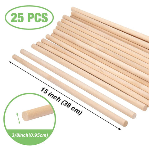 Hassle Free 25 Pack Wood Dowel Rods 3/8 Inch By 15 Inch Smooth Unfinished Craft Sticks for DIY projects, showing solid pine rods.