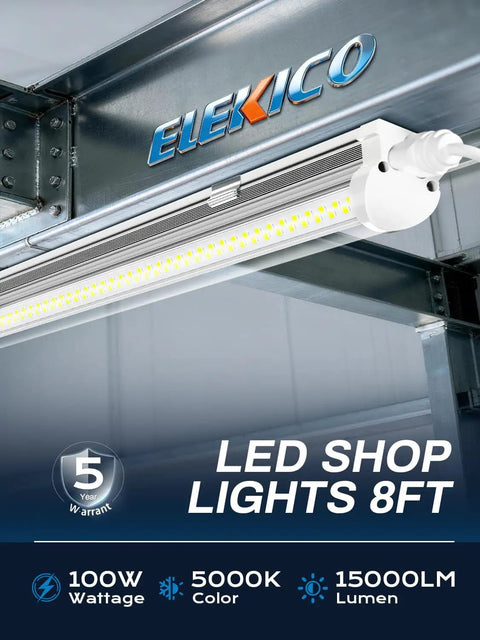 Hella Bright Eight Foot LED Shop Lights Ten Pack 100W 15000 Lumen Linkable Ceiling Fixtures For Garage Shop Warehouse Barn