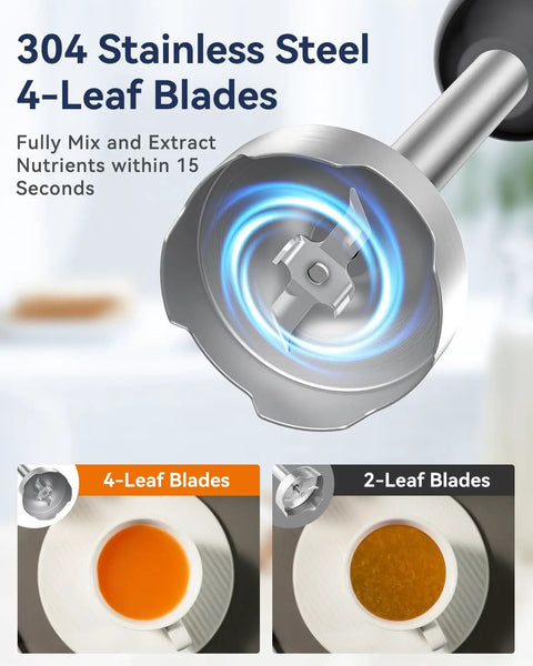 Close-up of 304 stainless steel 4-leaf blades on Powerful 1000W 5 In 1 Corded Immersion Hand Blender for soups and sauces.