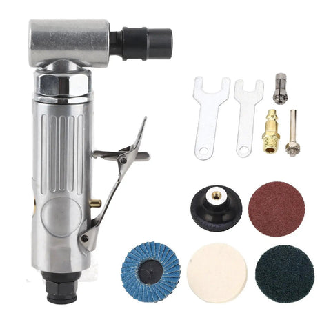 Bad Boy Right Angle Pneumatic Air Die Grinder With Variable Speed And 20000 RPM, includes various attachments and polishing discs.