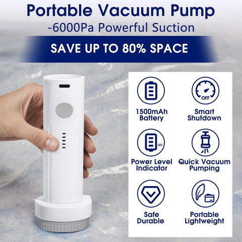 Front view of white cordless vacuum pump for storage bags; cylindrical unit with gray circular button and LED indicators