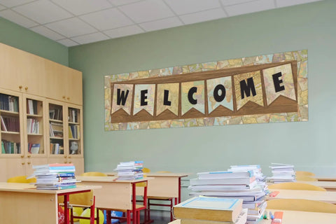 Classroom with Travel The Map Straight Rolled Border Trim For Classrooms And Offices 50Ft above Welcome banner