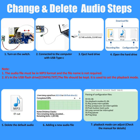 Change & Delete Audio Steps guide for Push Button Activated Sound Recording Module with Built In Speaker and USB Type C Cord.
