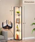Go To Space Saving Floor Lamp With Built In Table And Shelves in living room setting, dimensions labeled