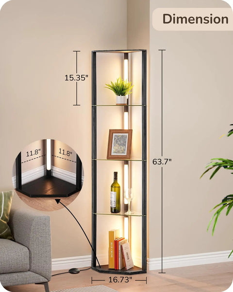 Go To Space Saving Floor Lamp With Built In Table And Shelves in living room setting, dimensions labeled