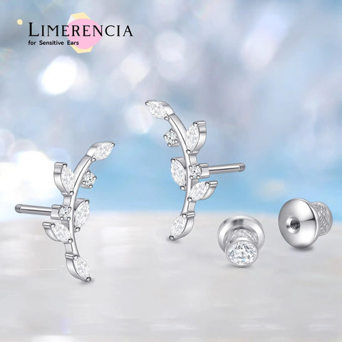 Implant Grade Titanium Screw Back Studs For Sensitive Ears Built Tough And Looking Sick With Zero Allergies Making Them A Straight Up Game Changer For Daily Grind in elegant leaf design with gems.