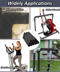 Collage showing multi size pipe insulation foam tubing kit used for pipes, guitar stands, exercise machines, and water tap.