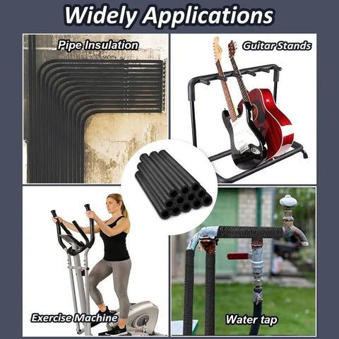 Collage showing multi size pipe insulation foam tubing kit used for pipes, guitar stands, exercise machines, and water tap.