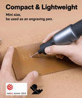 HOTO 4V cordless rotary engraving tool; brown leather being worked, silver body, black grip.