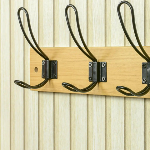 Super Sturdy Wall Mounted Coat Rack With Four Heavy Duty Hooks showcases three black hooks on a natural wood base.