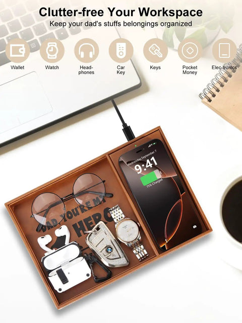Valet Tray With Integrated Wireless Charger For Dad Youre My Hero Engraved EDC Nightstand Organizer with phone and accessories