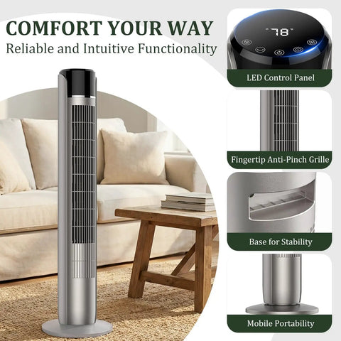 Ace Bladeless Tower Fan That Beats The Heat With Slick Indoor Cooling And Ultra Quiet Operation Featuring Five Speeds Sixty Degree Rotation Remote Control Settings And Led Display For Bedroom Or Home Office Chill Out Zones with LED control panel and anti-pinch grille.