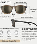 Heavy Duty Unisex Safety Glasses Featuring Removable Side Shields And Shatterproof Captivate Tungsten Mirror Lenses For Legit Eye Defense And Kickass Worksite Durability size and fit details including lens and bridge dimensions.