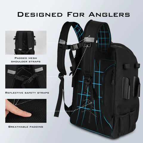 Go To Fishing Tackle Backpack With Rod Holder And 4 Tackle Boxes, 40/26L Dual Capacity Gear Bag showing padded straps