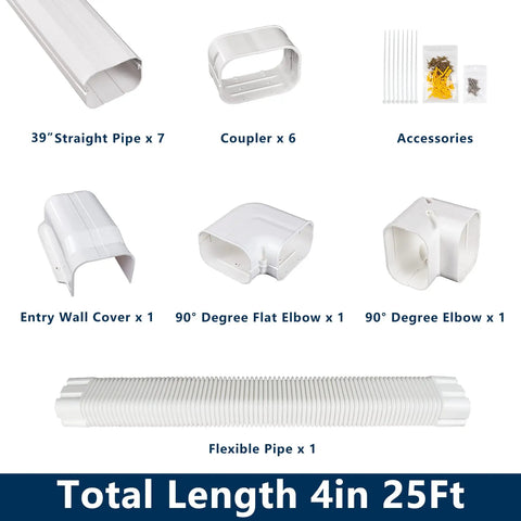 Components of 4 Inch W 25 Ft L PVC Decorative Line Set Cover Kit for ductless mini split AC with flexible and elbow pipes.