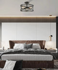 Bedroom with Farmhouse Black Ceiling Light 3 Light Rustic Metal Caged Fixture With Industrial Style Semi Flush Mount Drum Light