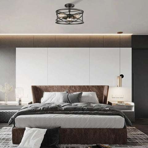 Bedroom with Farmhouse Black Ceiling Light 3 Light Rustic Metal Caged Fixture With Industrial Style Semi Flush Mount Drum Light