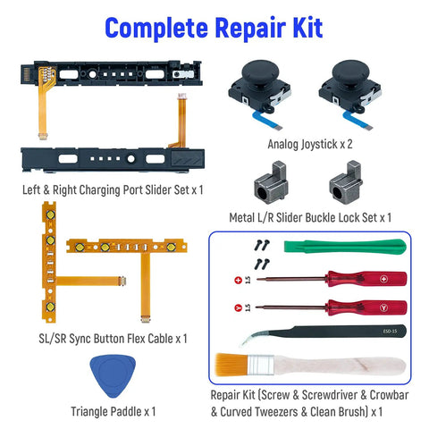 Ultimate 18 In 1 Joy Con Repair Kit For Nintendo Switch Not For Switch 2 components displayed including tools and parts.