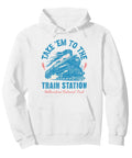 Vintage Steam Train Yellowstone Pullover Hoodie For Railway Fans Featuring Bold Loco Poster Art Plus Comfy Fit And Rad National Park Adventure Vibes Perfect Drip For Chillin Or Day Trips in white with train graphic.