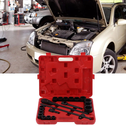 Get This Insane 21 Piece Deep Impact Socket Set With 3/4 And Two Inch Heads For Heavy Duty Vehicle Repair Jobs Making Mechanics Look Like Total Bosses Who Ace Every Tough Job Under The Hood Fast red case and black sockets for auto repair